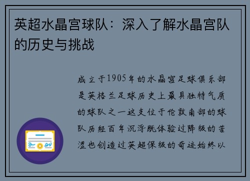 英超水晶宫球队：深入了解水晶宫队的历史与挑战