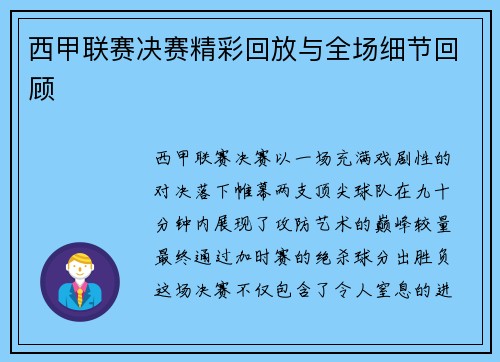 西甲联赛决赛精彩回放与全场细节回顾